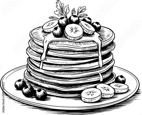Stack of pancakes with blueberries and banana slices, drizzled with syrup