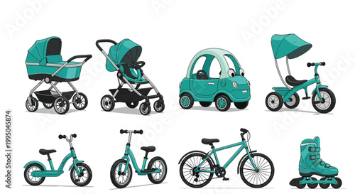 Collection of teal colored children's transportation vehicles and toys vector illustration design on white background