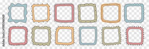 Set of playful square frames with wavy scalloped spiky edges. Doodle minimal shapes. Black outline border. Ideal for labels, packaging, social media templates, collage, planner, invitation, poster