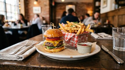Mini burger and fries in a restaurant, classic casual meal with slider sandwich and crispy potatoes, realistic detail, no logos