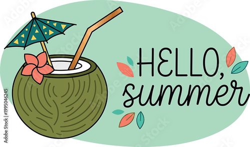 Coconut drink with umbrella and straw on green background