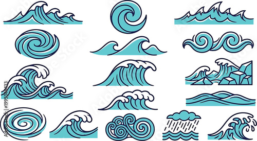 Collection of various ocean wave illustrations in different styles