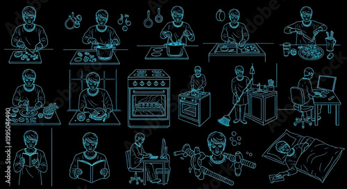 AutoCAD Daily Routine Cooking Cleaning Vector Set – Clear Face Multiview Lifestyle Blueprint Cyan Outline on Black Background