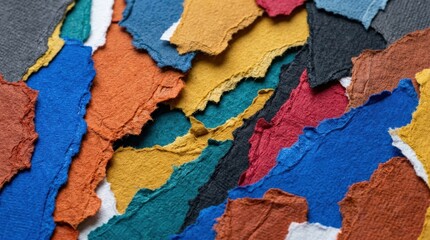 Abstract colorful textured background with jagged torn paper edges, layered design surface with bold color contrast and rough organic shapes, clean composition, studio lighting, no logos