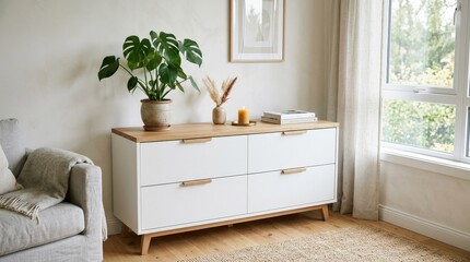 Modern white dresser with wooden top in bright room with potted plant, stylish home furniture, minimalist interior design, soft daylight, no logos