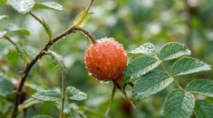 Dew covered rosehip glistening with moisture on a plant, fresh botanical close up with water droplets and delicate natural detail, soft light, realistic macro photography, no logos