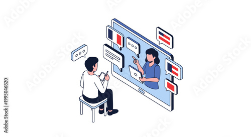 Isometric Illustration of Online Language Learning and Translation Concept with Student and Teacher on Tablet Screen