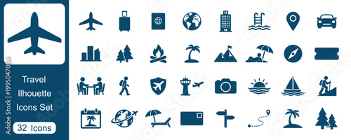 Travel Silhouette Icons Set, Tourism Vacation Transport Adventure Solid  Vector Collection