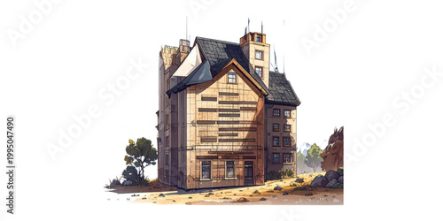 Whimsical illustration of a quaint village with a castle atop a hill Vector