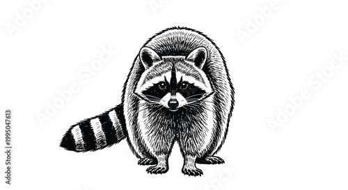Detailed monochrome vector illustration of a fluffy raccoon standing upright with a striped tail