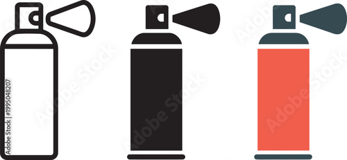 Spray can icons, set of 3, outline, silhouette, and colored aerosol bottle with hair spray, air freshener