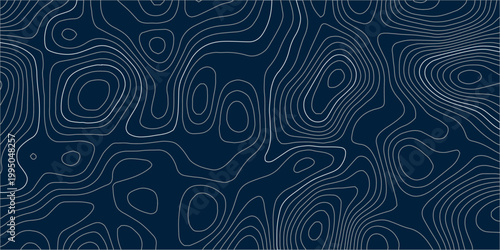 Dark Blue and White Topographic Contour Line Pattern with Flowing Elevation Curves, Wavy Geographic Shapes and Abstract Terrain Map Background Design.
