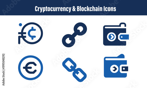 Cryptocurrency and blockchain icons including digital wallet link chain and currency symbols for financial technology.