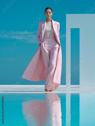 Elegant woman in pink suit walking in a minimal blue setting, modern fashion aesthetic, clean lines, reflective floor, bold color contrast and high fashion concept.