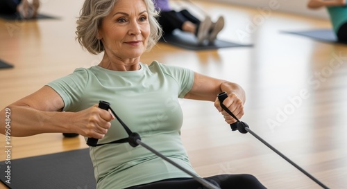 senior woman exercising with resistance bands in fitness class, promoting healthy lifestyle