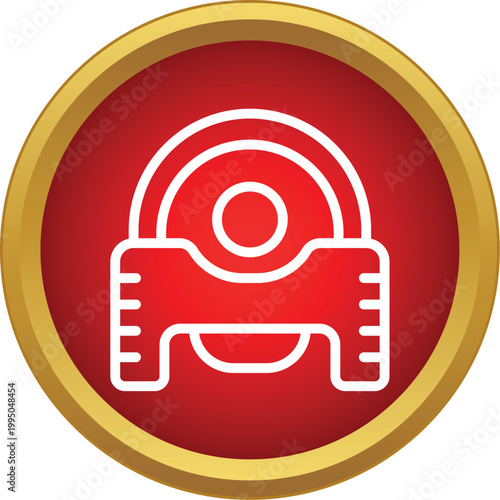 White outline of a tape dispenser on a vibrant red background with a gold border
