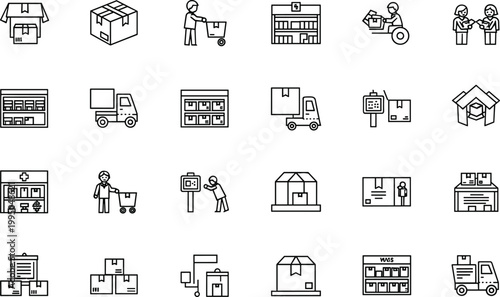 Logistics and warehouse line icons set with delivery storage and shipping symbols vector illustration