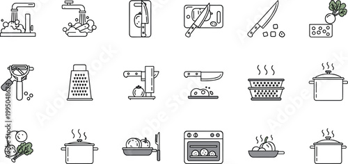 Kitchen cooking line icons set with food preparation utensils and appliances vector illustration