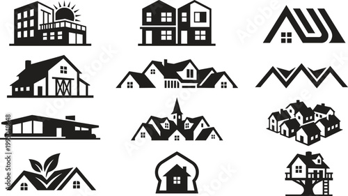 Various house and building icons isolated on transparent background