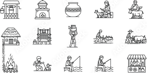 Rural village life line icons set with farming fishing and traditional activities vector illustration