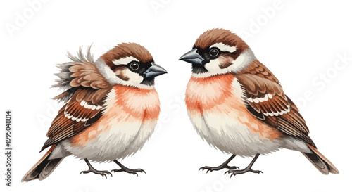 Two adorable brown sparrows depicted in a detailed vector illustration for creative nature themed graphic projects