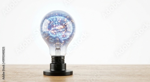 A lightbulb sitting on a wooden table, glowing with a bright, intricate web of digital connection lines inside.