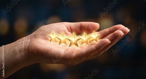 Human hand holding five glowing golden stars in a palm-up gesture 