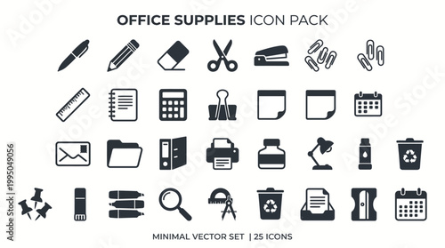 A collection of 25 minimalist vector icons representing various office supplies and stationery items, presented on a white background.