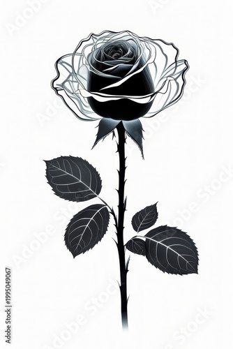 X-Ray Style Botanical Rose Sketch Black Line Drawing Minimalist Flower Art White Background High