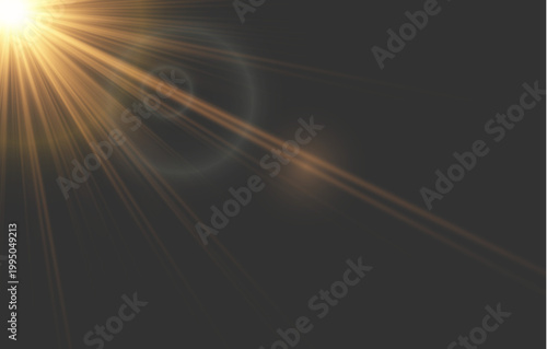 Bright Golden Starburst Lens Flare with Diagonal Light Streak and Radial Rays