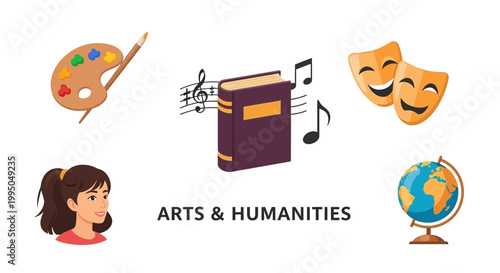 Arts and Humanities Educational Illustration Set Featuring Icons for Literature, Music, Drama, Art, and Geography with Student Avatar for School and E-Learning Design