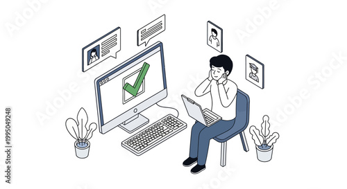 Online Recruitment and Talent Selection Isometric Illustration; Man Reviewing Job Candidate Profiles and Approving Application with Green Checkmark