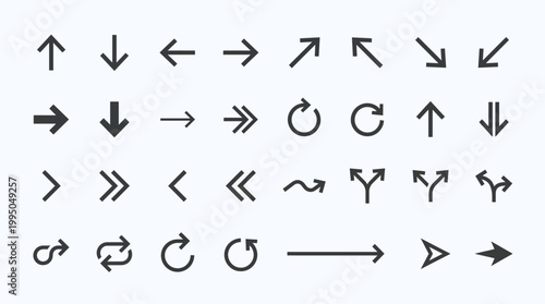 A comprehensive collection of various arrow icons, including directional, circular, and branching arrows, presented in a clean, minimalist style.