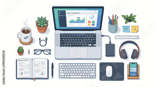A top-down view of a modern home office desk setup with a laptop, keyboard, mouse, headphones, coffee, and plants.