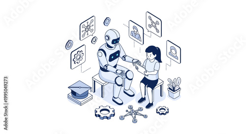 AI Education and EdTech Concept: Isometric Illustration of a Robot Teacher Helping a Young Student with Digital Tablet in a Futuristic Classroom