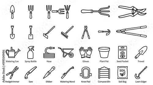 A comprehensive collection of line art icons representing various gardening tools and equipment, suitable for design and illustration purposes.
