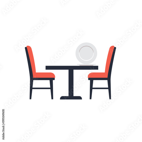 Two red chairs and a table.