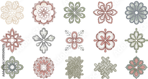 Ornate floral mandala elements vector set with vintage decorative motifs for textile design embroidery patterns branding and luxury packaging