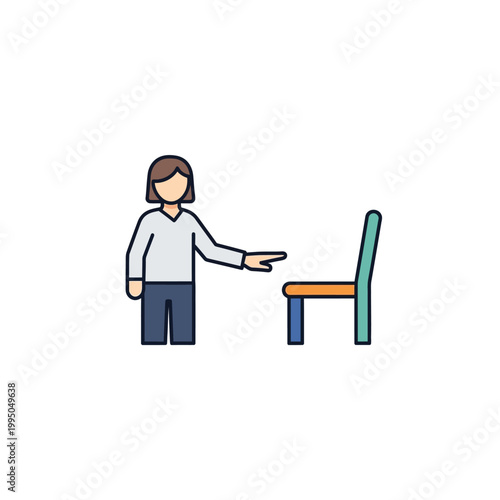 Woman pointing to a chair.