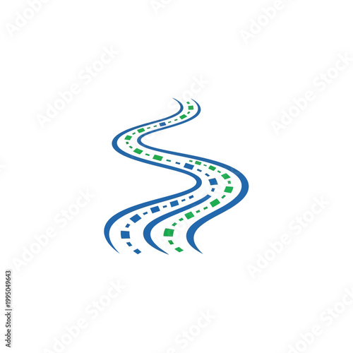 Wavy road with green blue dots.