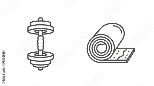 A simple line art illustration showing a dumbbell and a rolled-up yoga mat.