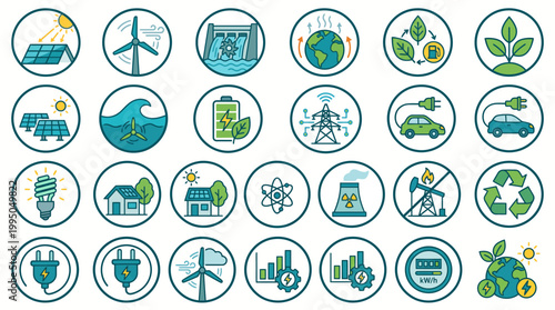 A collection of circular icons representing various forms of renewable energy and environmental sustainability.