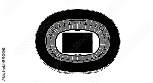 Aerial view of a stadium with a rectangular field and tiered seating