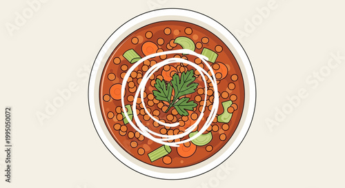 Healthy Lentil Soup with Vegetables and Cream Swirl, Top View