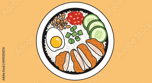 Nasi Lemak illustration, Malaysian iconic dish, food art, rice, chicken, egg, cucumber