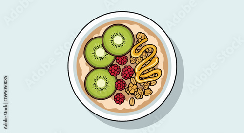 Healthy Oatmeal Bowl with Kiwi, Raspberries, Granola, and Honey Drizzle