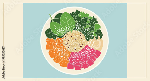 Healthy Poke Bowl Illustration, Vibrant Food Bowl with Quinoa, Greens, and Toppings