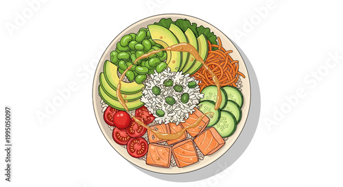 Healthy Poke Bowl with Salmon, Avocado, Rice and Vegetables