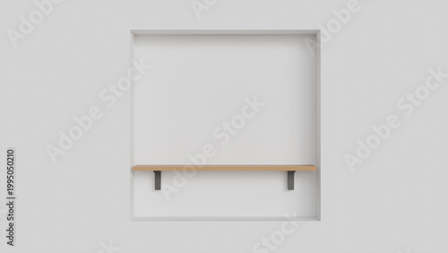 One empty wooden wall shelf on white background for product placement, interior decoration, item display