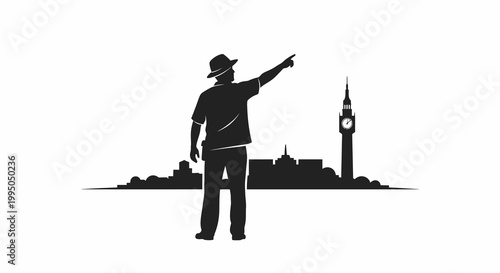 Silhouette of a person pointing towards the london skyline at dusk